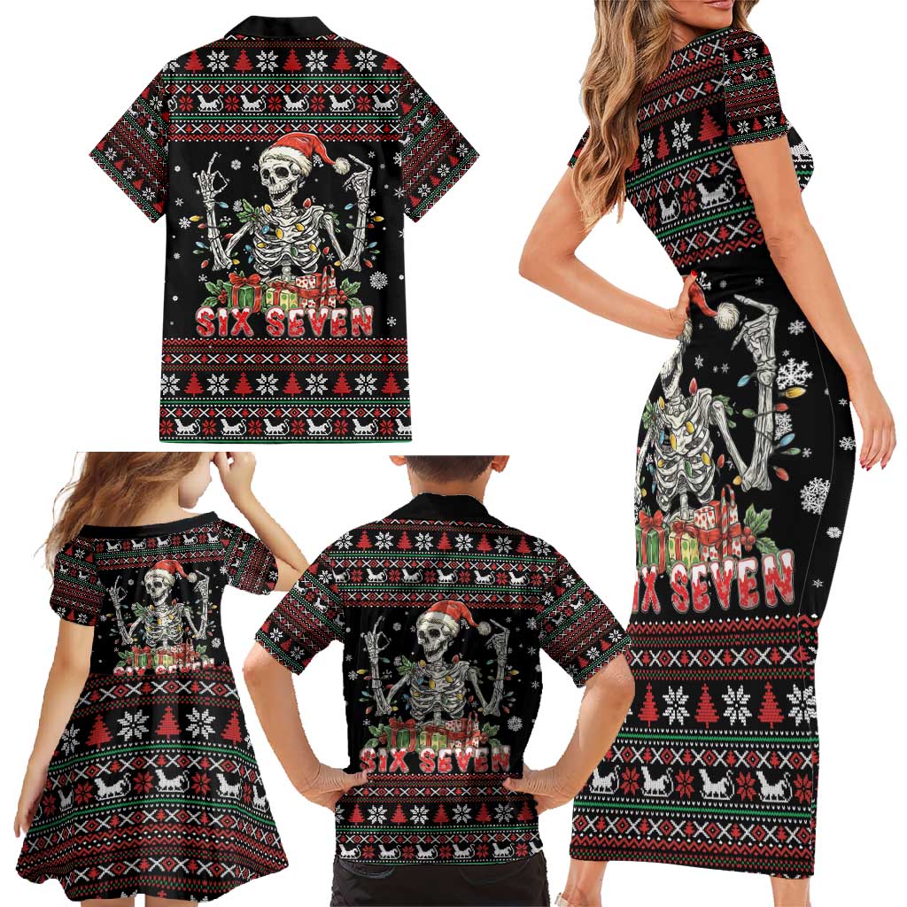 Six Seven Santa Skeleton Family Matching Short Sleeve Bodycon Dress and Hawaiian Shirt Funny Christmas Skull - Wonder Print Shop