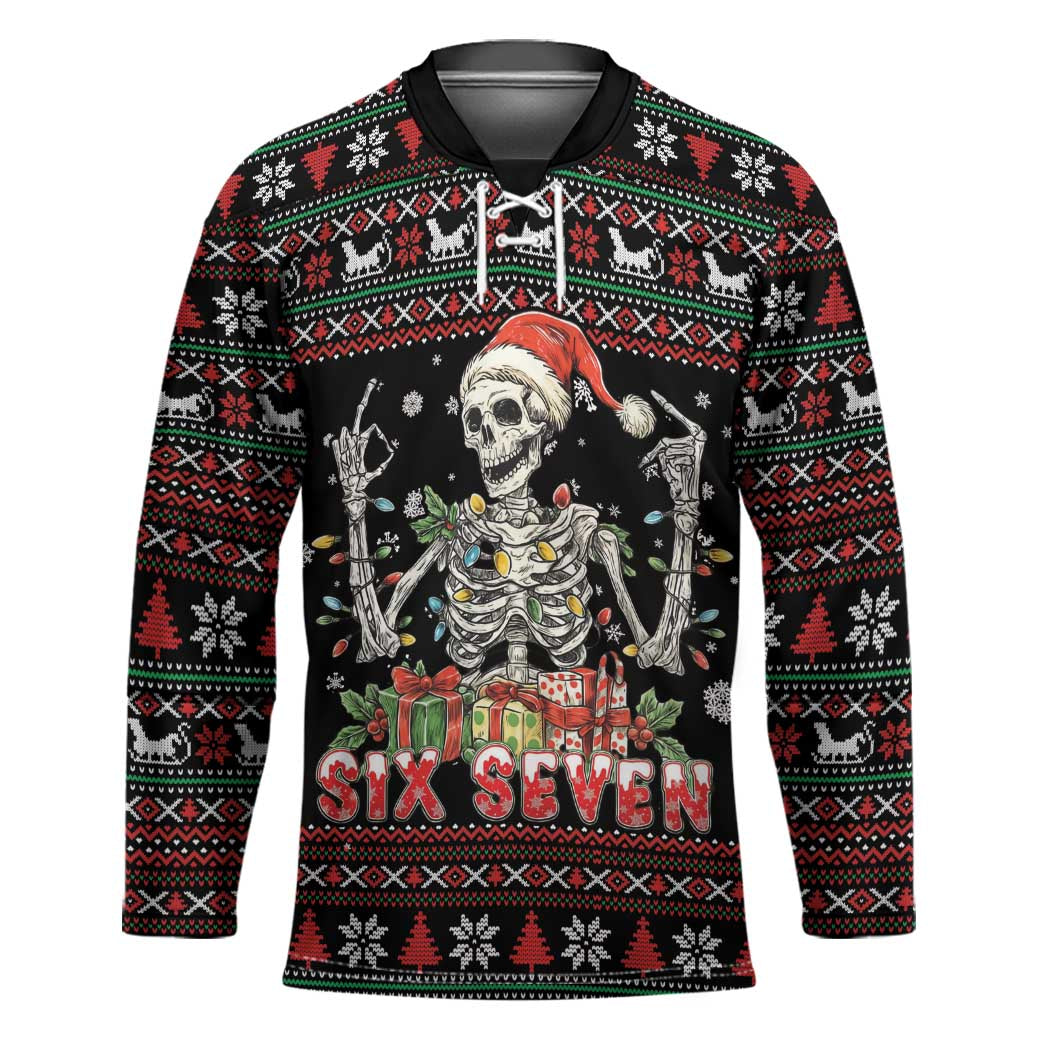 Six Seven Santa Skeleton Hockey Jersey Funny Christmas Skull - Wonder Print Shop