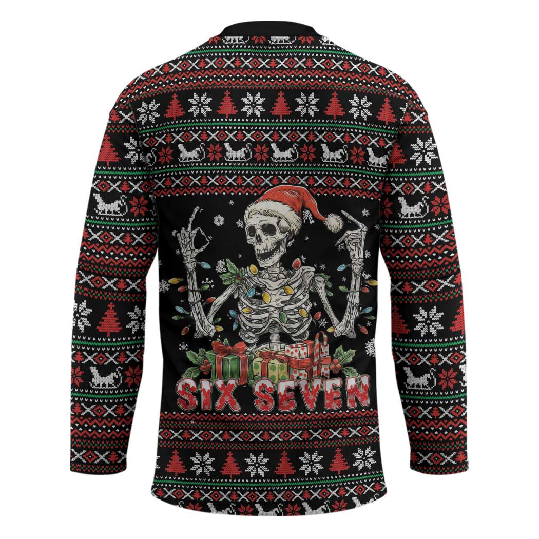 Six Seven Santa Skeleton Hockey Jersey Funny Christmas Skull - Wonder Print Shop