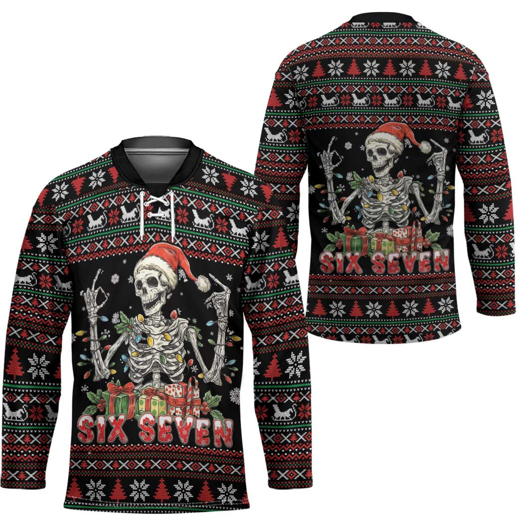 Six Seven Santa Skeleton Hockey Jersey Funny Christmas Skull - Wonder Print Shop