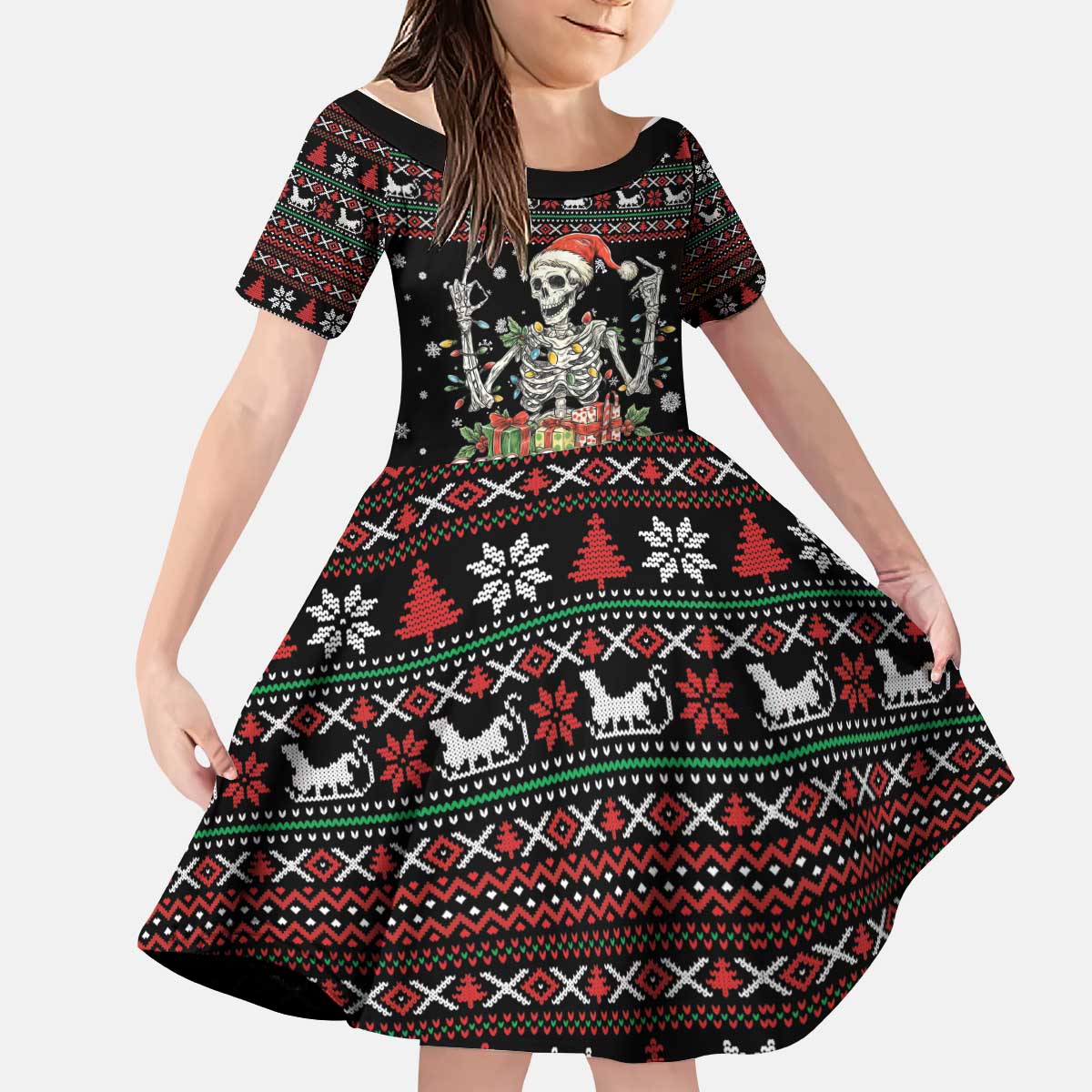 Six Seven Santa Skeleton Kid Short Sleeve Dress Funny Christmas Skull - Wonder Print Shop