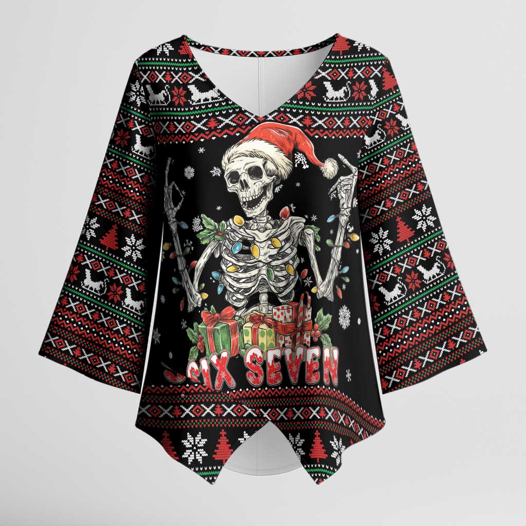 Six Seven Santa Skeleton Kimono Sleeve Blouse Funny Christmas Skull - Wonder Print Shop