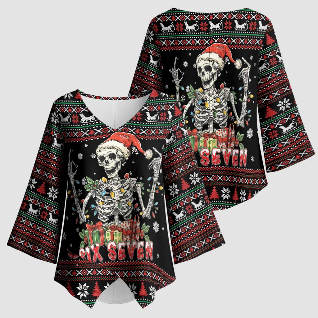 Six Seven Santa Skeleton Kimono Sleeve Blouse Funny Christmas Skull - Wonder Print Shop