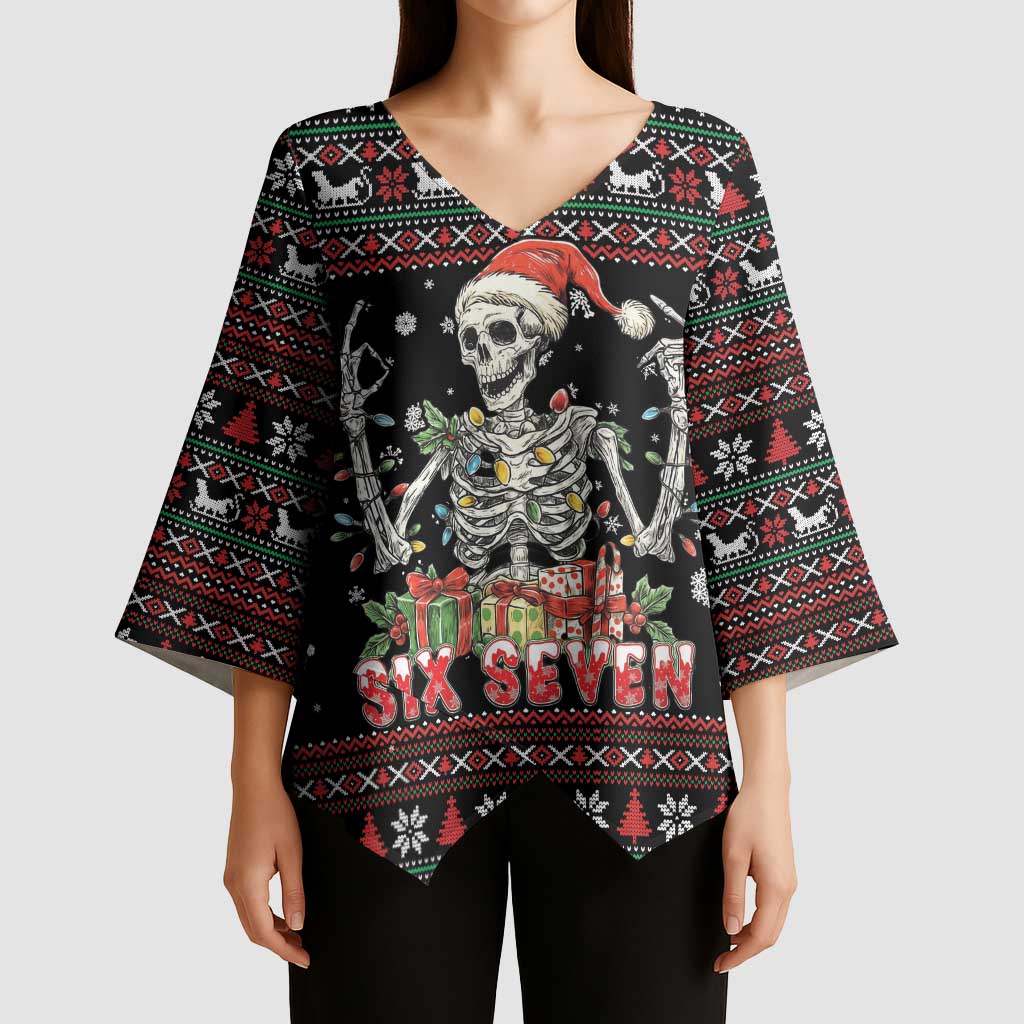 Six Seven Santa Skeleton Kimono Sleeve Blouse Funny Christmas Skull - Wonder Print Shop