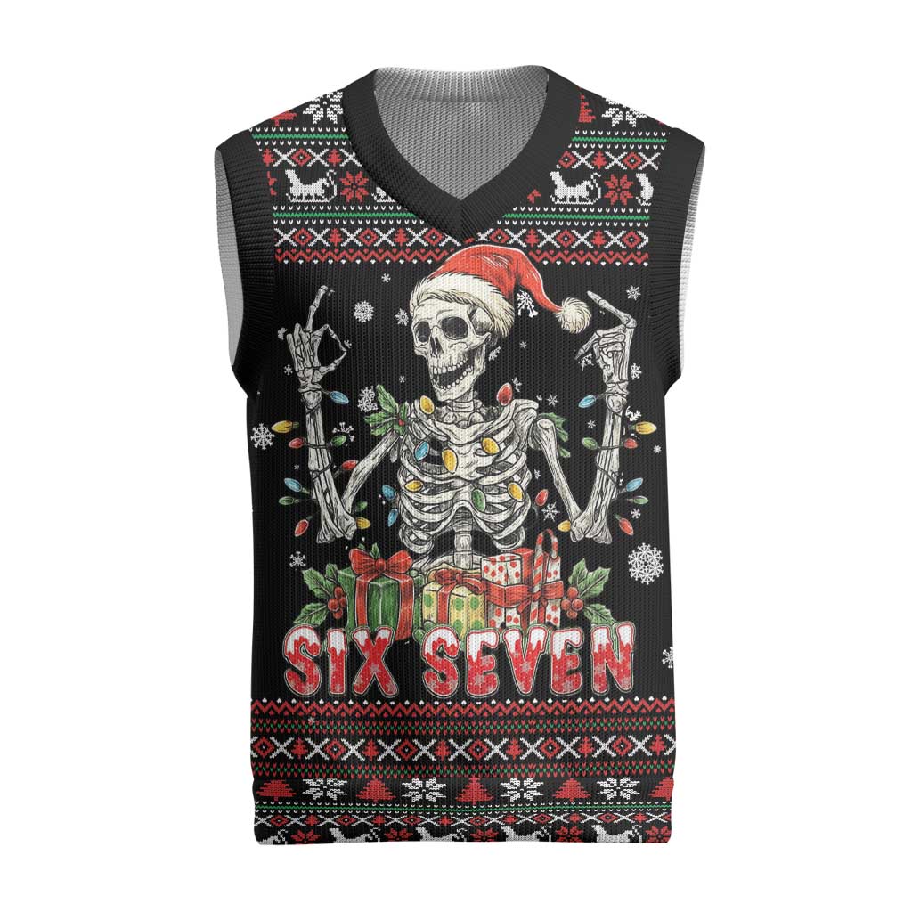 Six Seven Santa Skeleton Christmas Knitted V-Neck Vest Funny Christmas Skull - Wonder Print Shop
