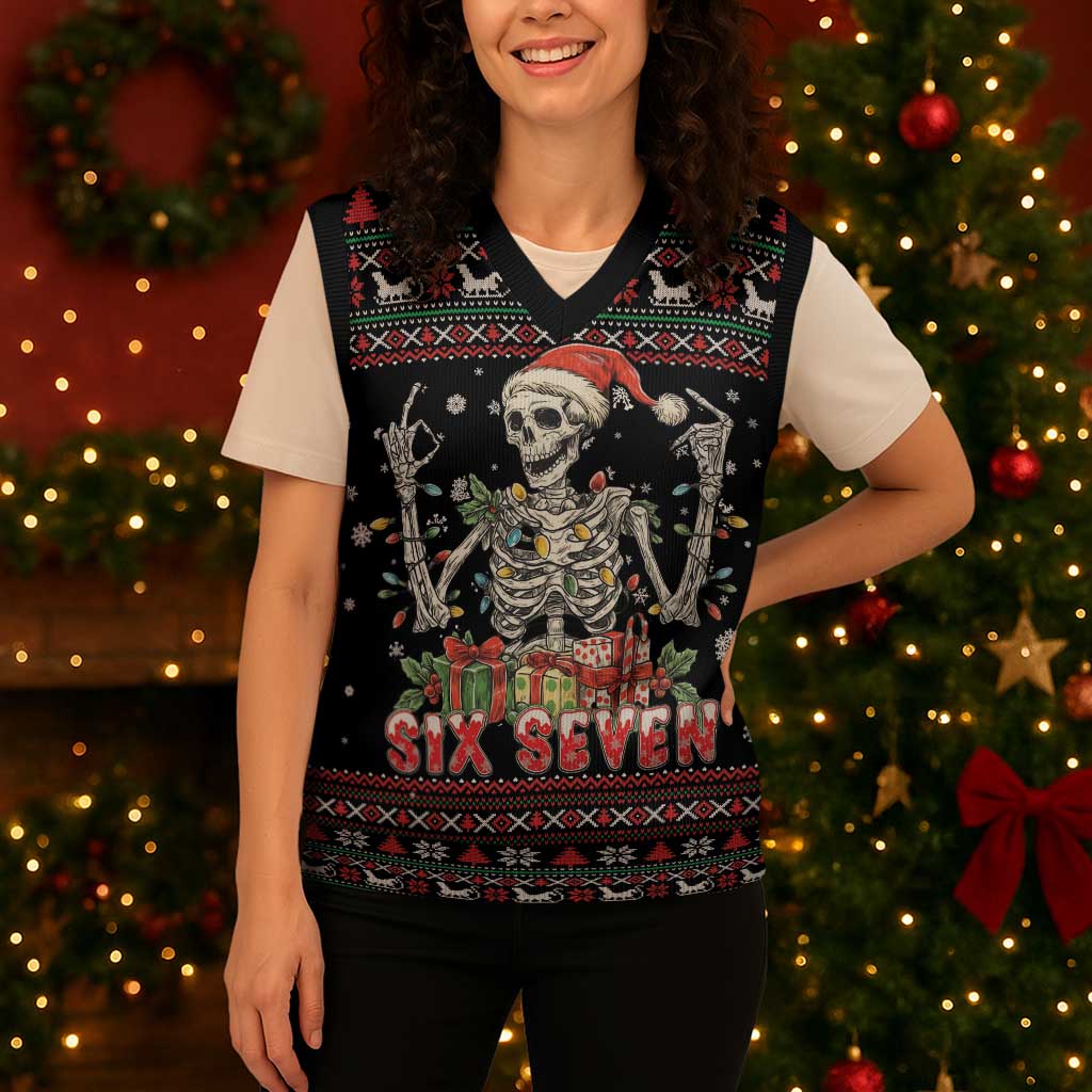 Six Seven Santa Skeleton Christmas Knitted V-Neck Vest Funny Christmas Skull - Wonder Print Shop
