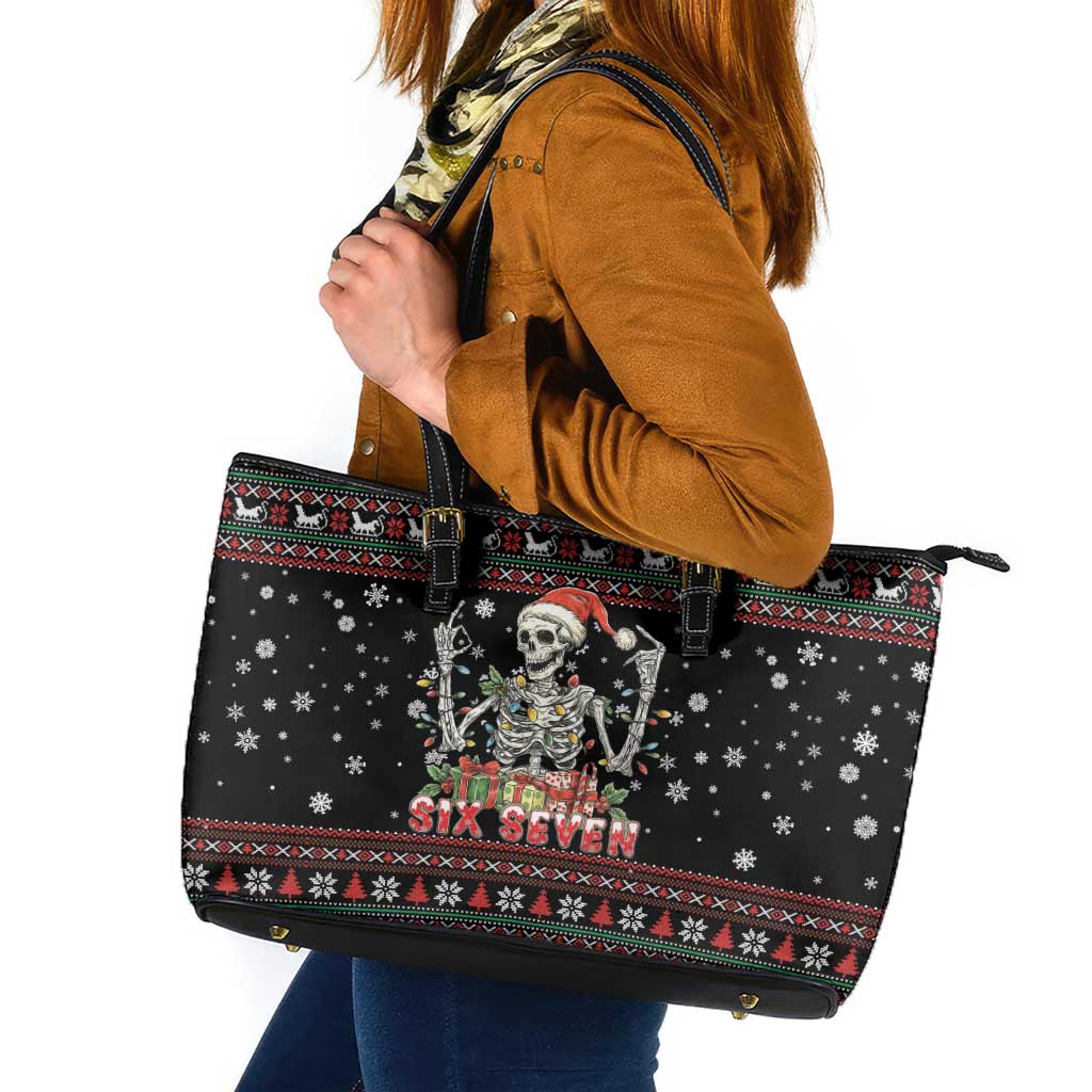 Six Seven Santa Skeleton Leather Tote Bag Funny Christmas Skull - Wonder Print Shop