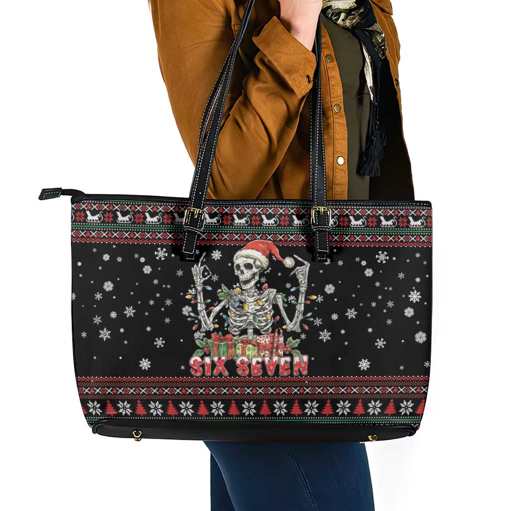 Six Seven Santa Skeleton Leather Tote Bag Funny Christmas Skull - Wonder Print Shop