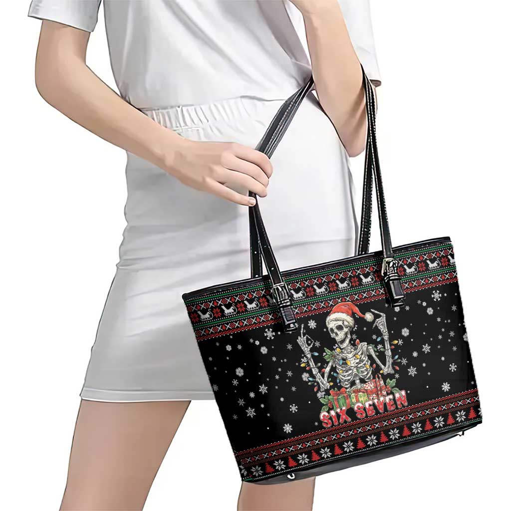 Six Seven Santa Skeleton Leather Tote Bag Funny Christmas Skull - Wonder Print Shop