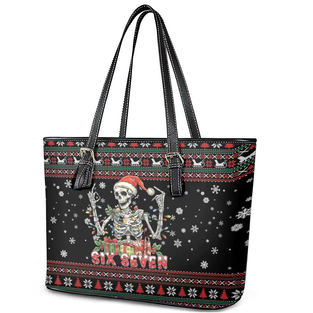 Six Seven Santa Skeleton Leather Tote Bag Funny Christmas Skull - Wonder Print Shop
