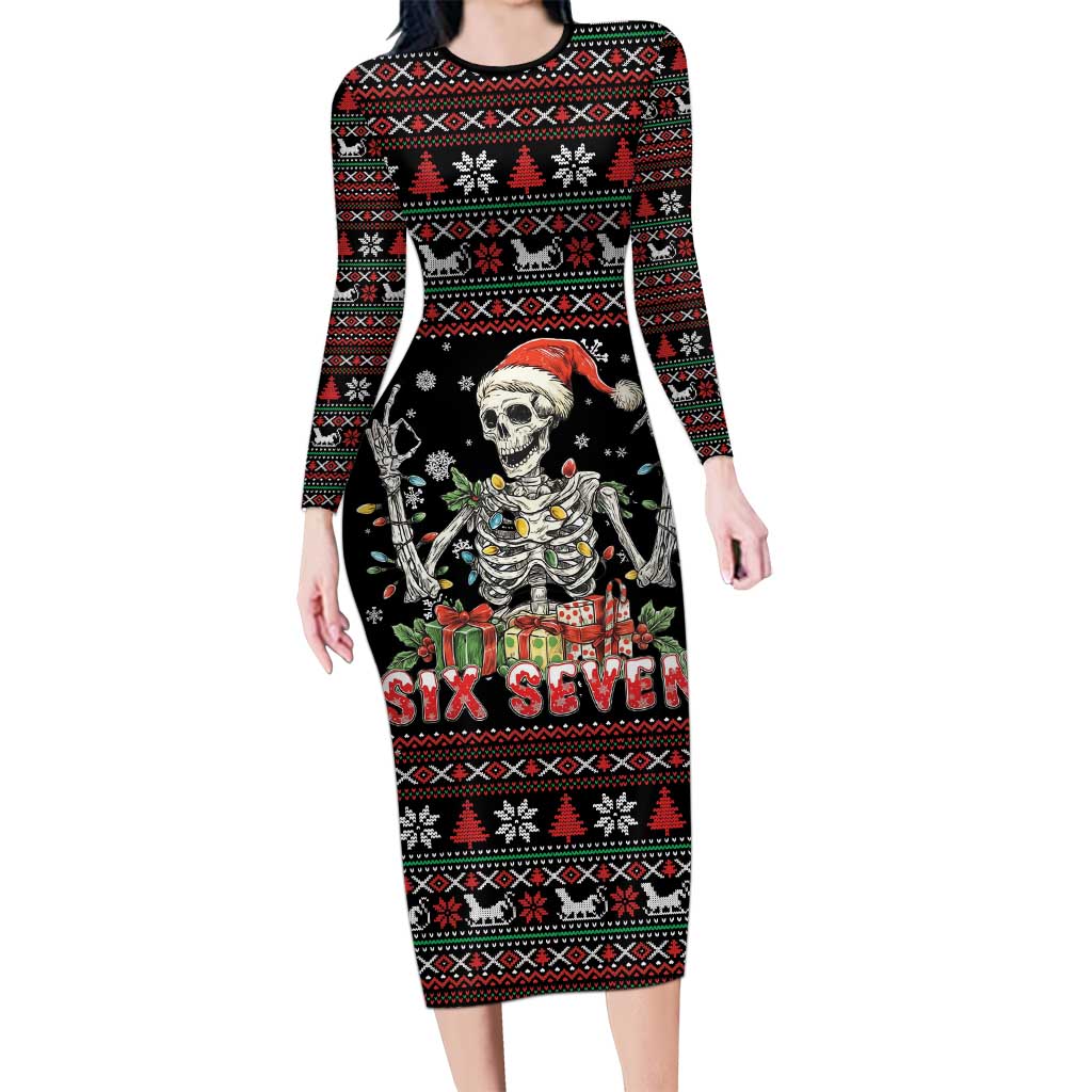 Six Seven Santa Skeleton Long Sleeve Bodycon Dress Funny Christmas Skull - Wonder Print Shop