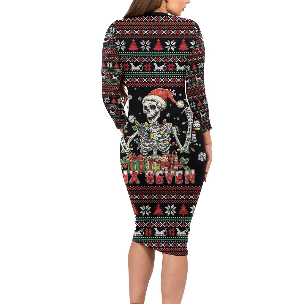Six Seven Santa Skeleton Long Sleeve Bodycon Dress Funny Christmas Skull - Wonder Print Shop