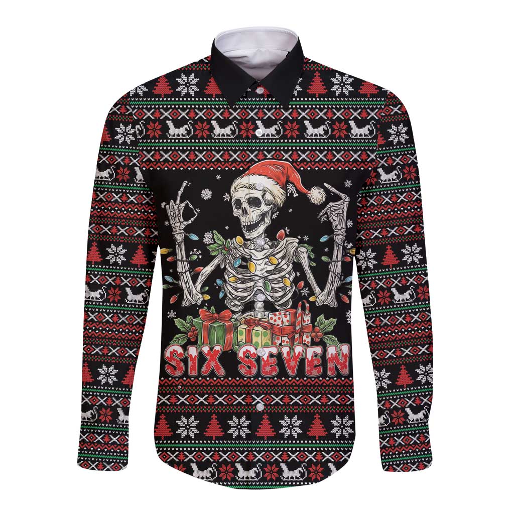 Six Seven Santa Skeleton Long Sleeve Button Shirt Funny Christmas Skull - Wonder Print Shop