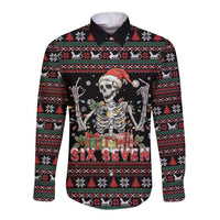 Six Seven Santa Skeleton Long Sleeve Button Shirt Funny Christmas Skull - Wonder Print Shop