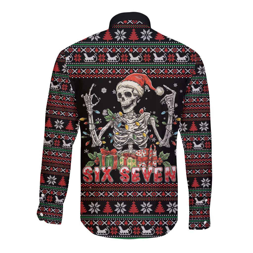 Six Seven Santa Skeleton Long Sleeve Button Shirt Funny Christmas Skull - Wonder Print Shop