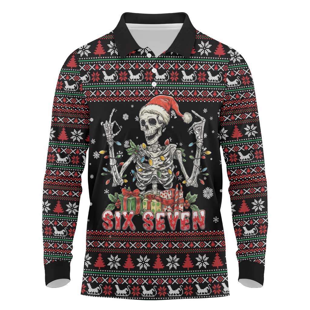 Six Seven Santa Skeleton Long Sleeve Polo Shirt Funny Christmas Skull - Wonder Print Shop