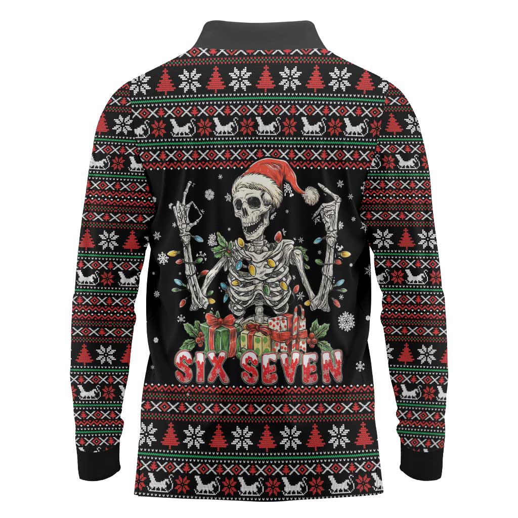 Six Seven Santa Skeleton Long Sleeve Polo Shirt Funny Christmas Skull - Wonder Print Shop