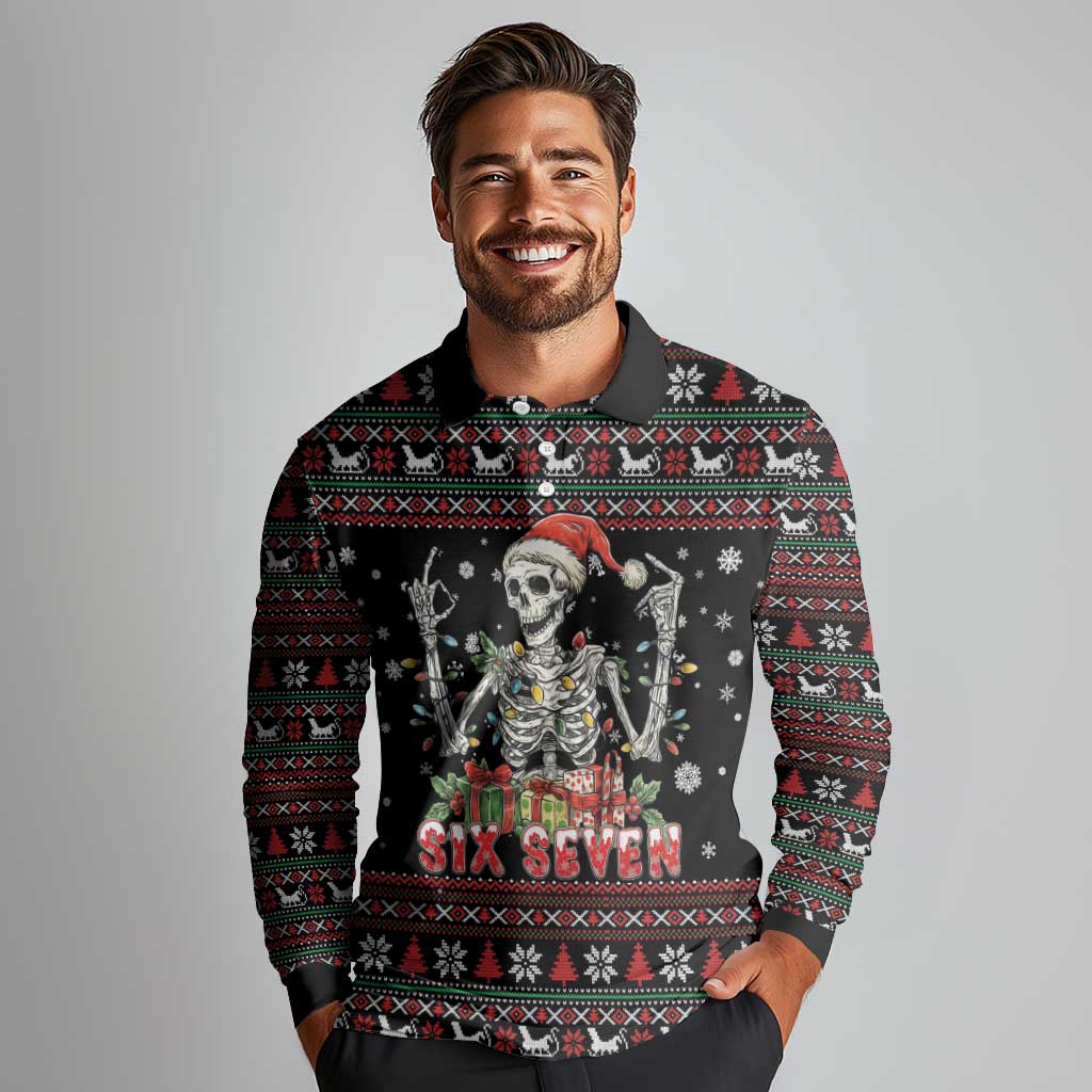 Six Seven Santa Skeleton Long Sleeve Polo Shirt Funny Christmas Skull - Wonder Print Shop