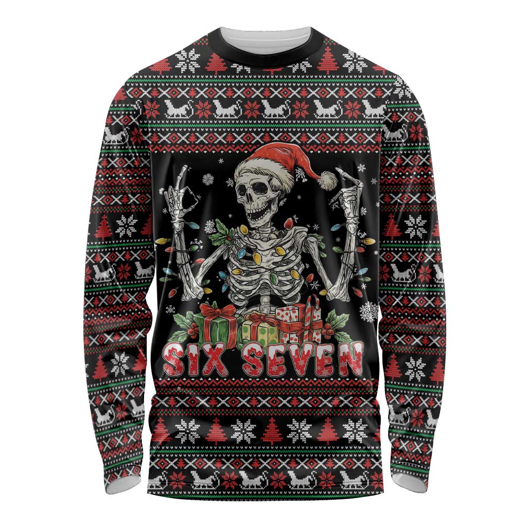 Six Seven Santa Skeleton Long Sleeve Shirt Funny Christmas Skull - Wonder Print Shop