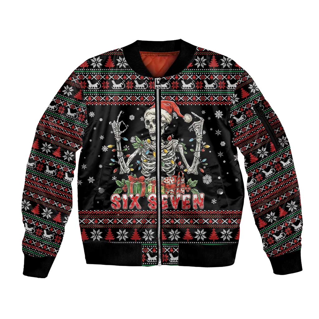 Six Seven Santa Skeleton Sleeve Zip Bomber Jacket Funny Christmas Skull - Wonder Print Shop