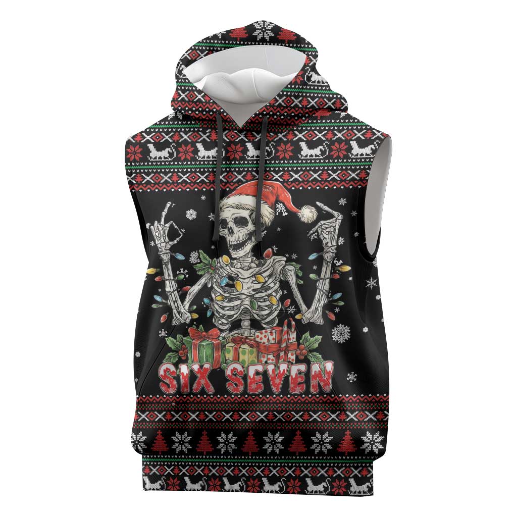 Six Seven Santa Skeleton Sleeveless Hoodie Funny Christmas Skull - Wonder Print Shop