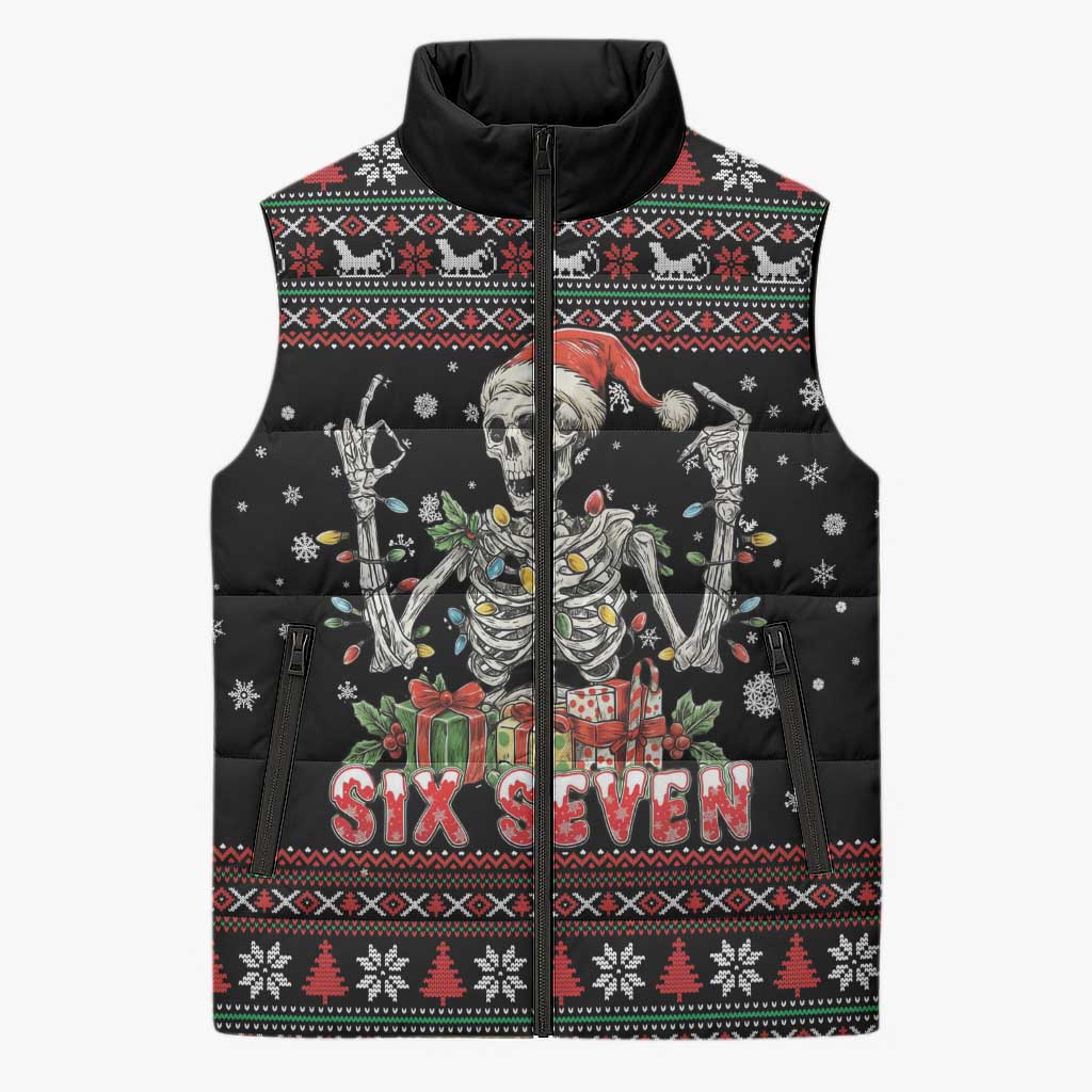 Six Seven Santa Skeleton Sleeveless Puffer Jacket Funny Christmas Skull - Wonder Print Shop