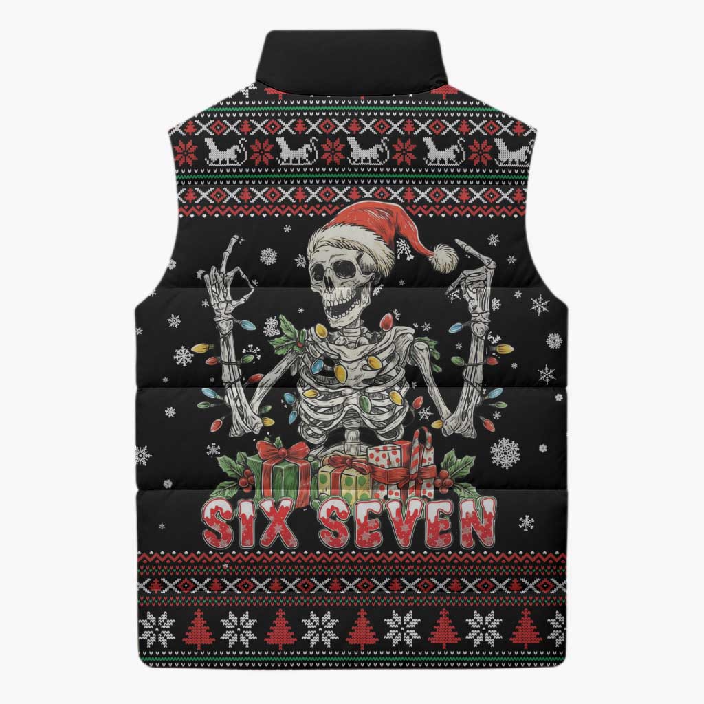 Six Seven Santa Skeleton Sleeveless Puffer Jacket Funny Christmas Skull - Wonder Print Shop