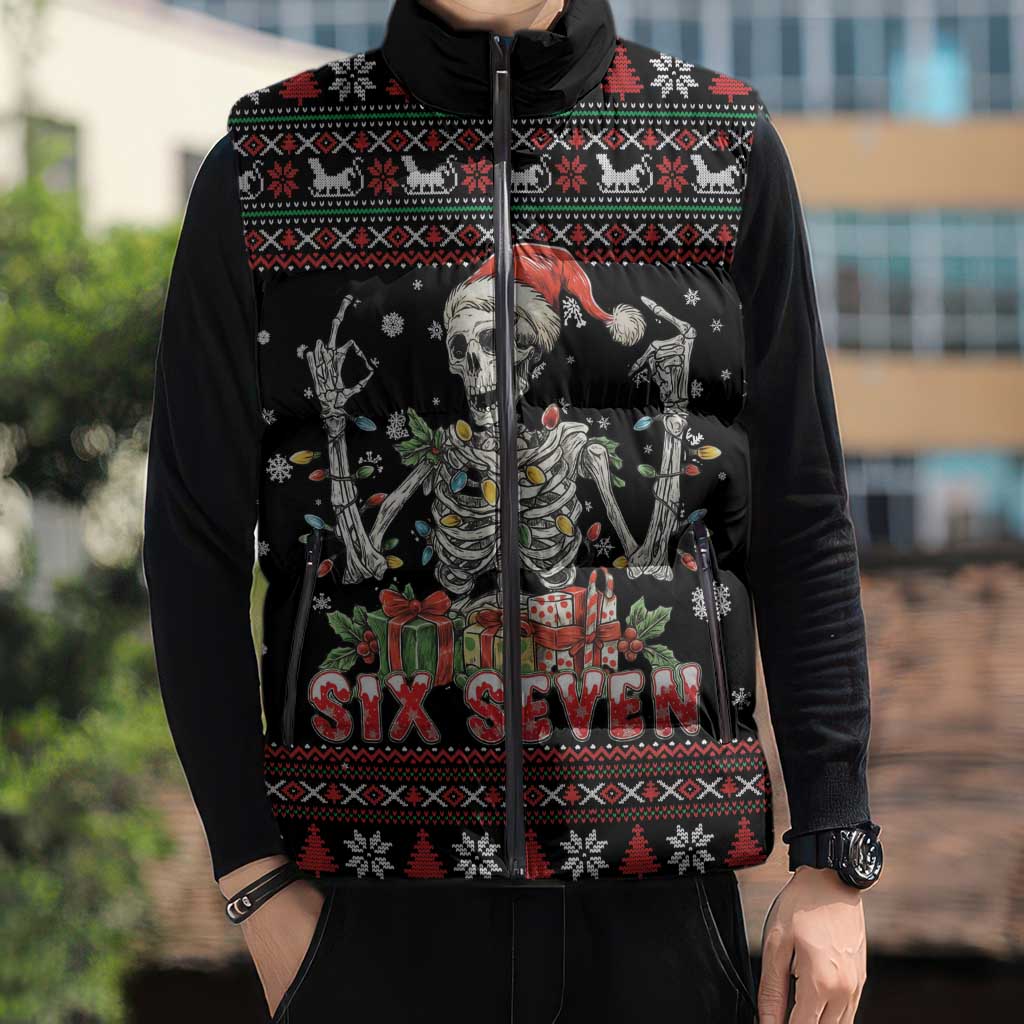 Six Seven Santa Skeleton Sleeveless Puffer Jacket Funny Christmas Skull - Wonder Print Shop