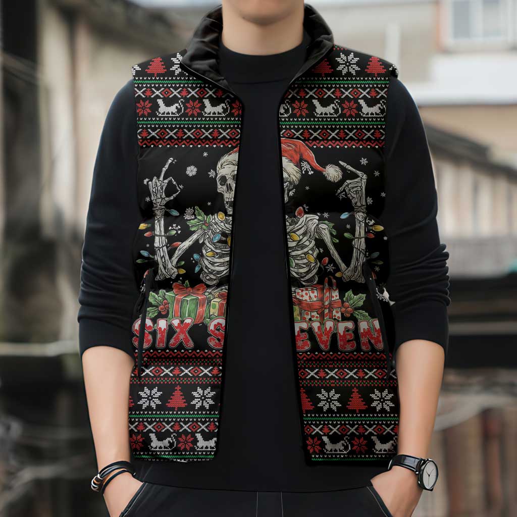 Six Seven Santa Skeleton Sleeveless Puffer Jacket Funny Christmas Skull - Wonder Print Shop