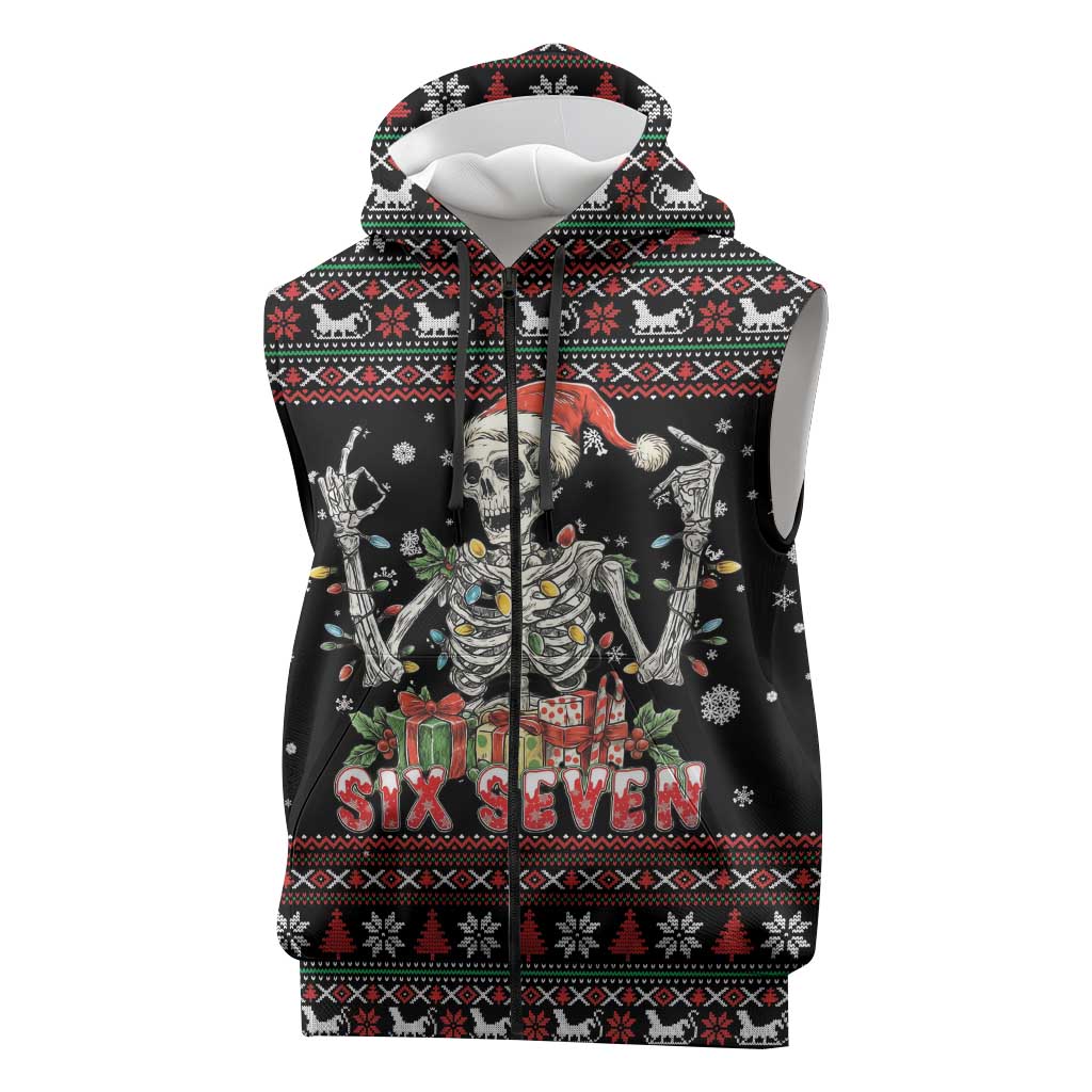 Six Seven Santa Skeleton Sleeveless Zip Hoodie Funny Christmas Skull - Wonder Print Shop