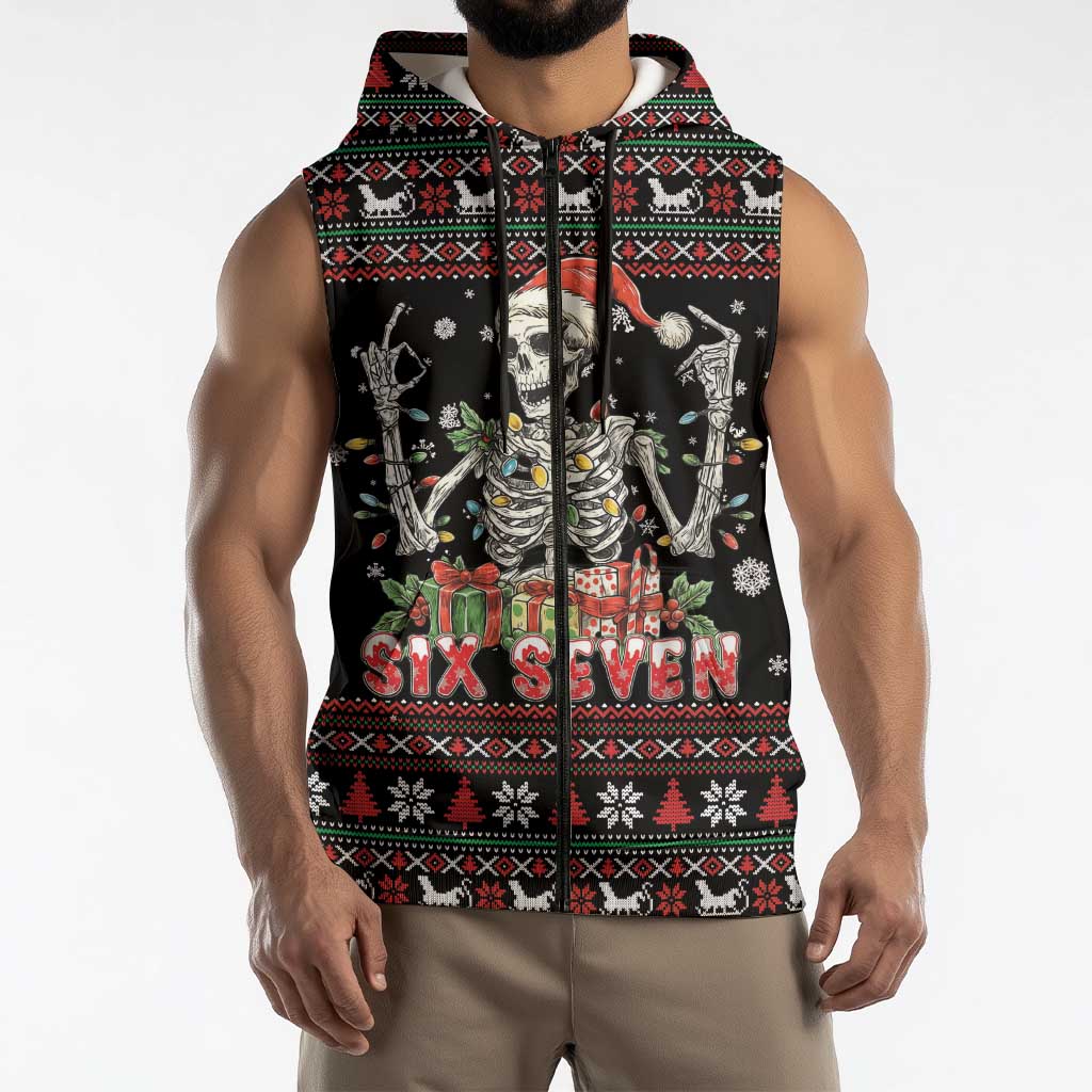 Six Seven Santa Skeleton Sleeveless Zip Hoodie Funny Christmas Skull - Wonder Print Shop