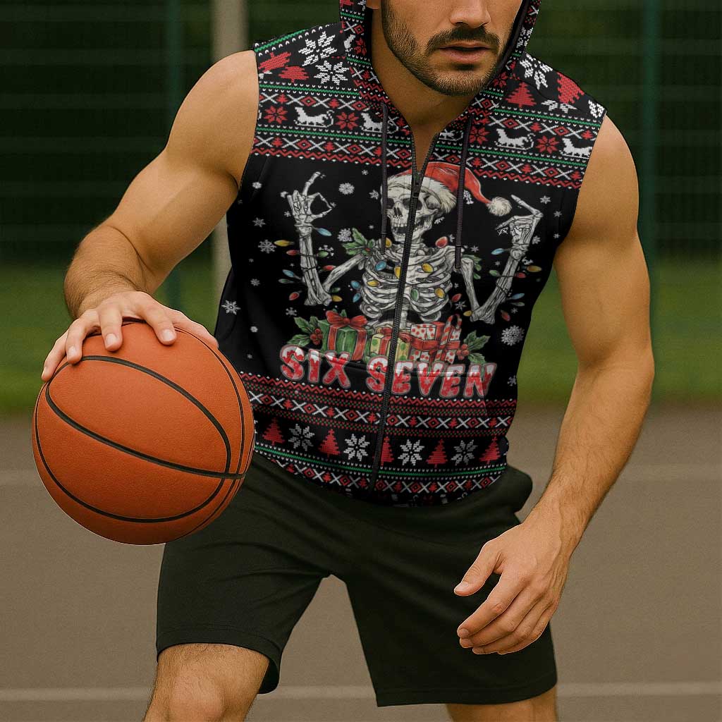 Six Seven Santa Skeleton Sleeveless Zip Hoodie Funny Christmas Skull - Wonder Print Shop