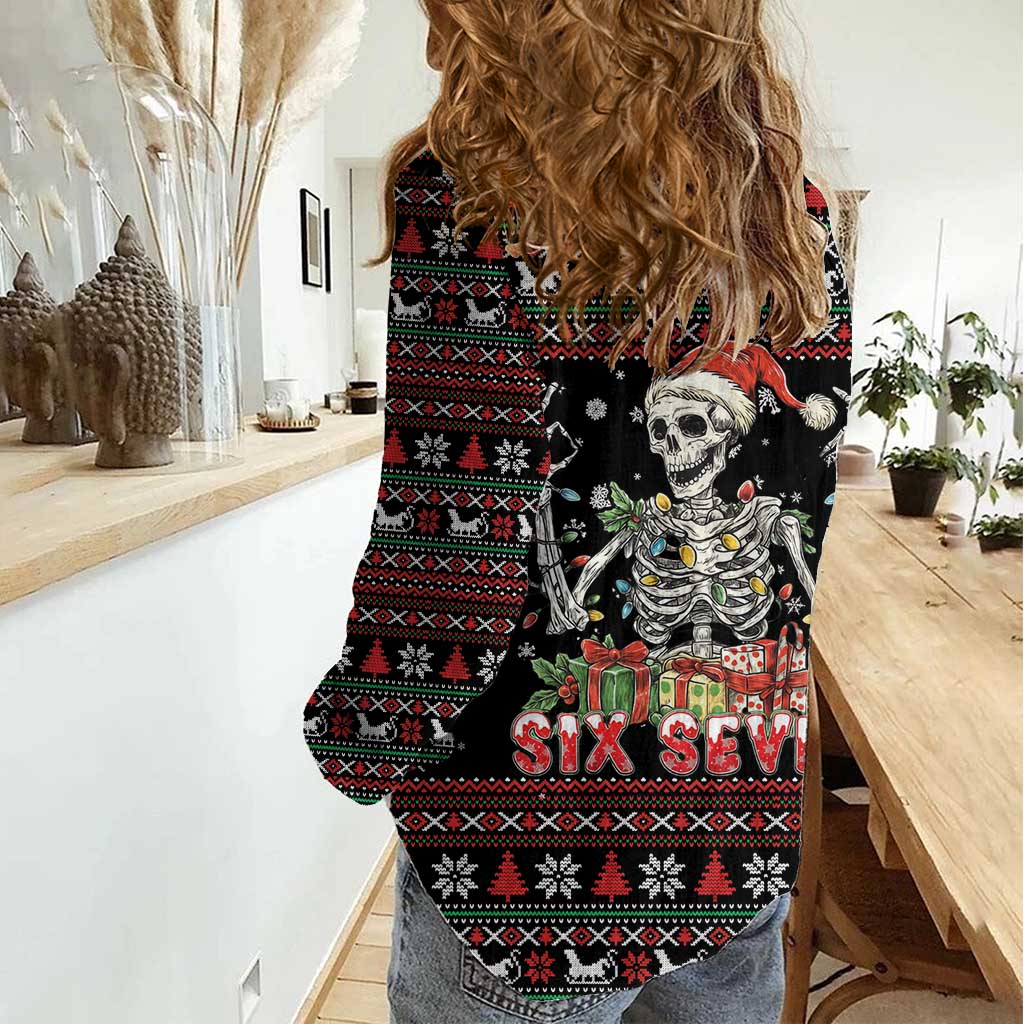 Six Seven Santa Skeleton Women Casual Shirt Funny Christmas Skull - Wonder Print Shop