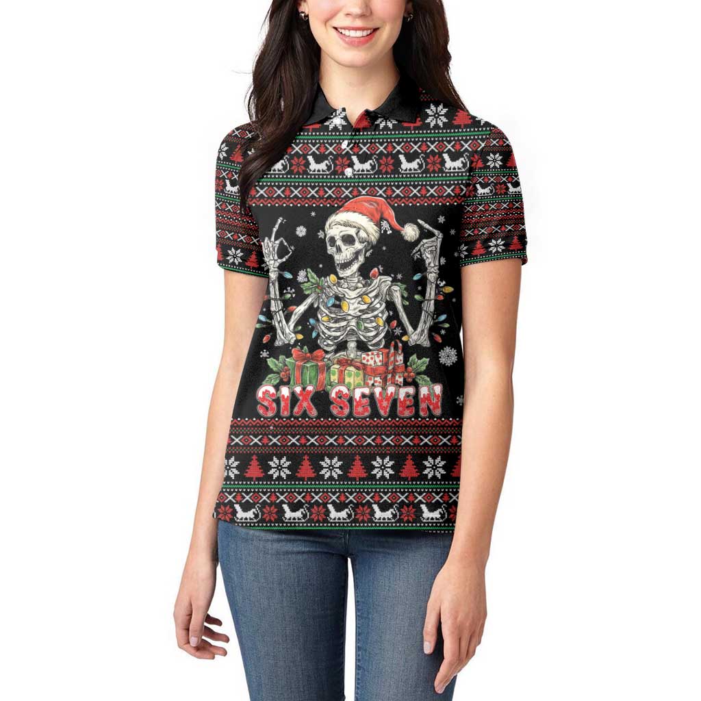 Six Seven Santa Skeleton Women Polo Shirt Funny Christmas Skull - Wonder Print Shop