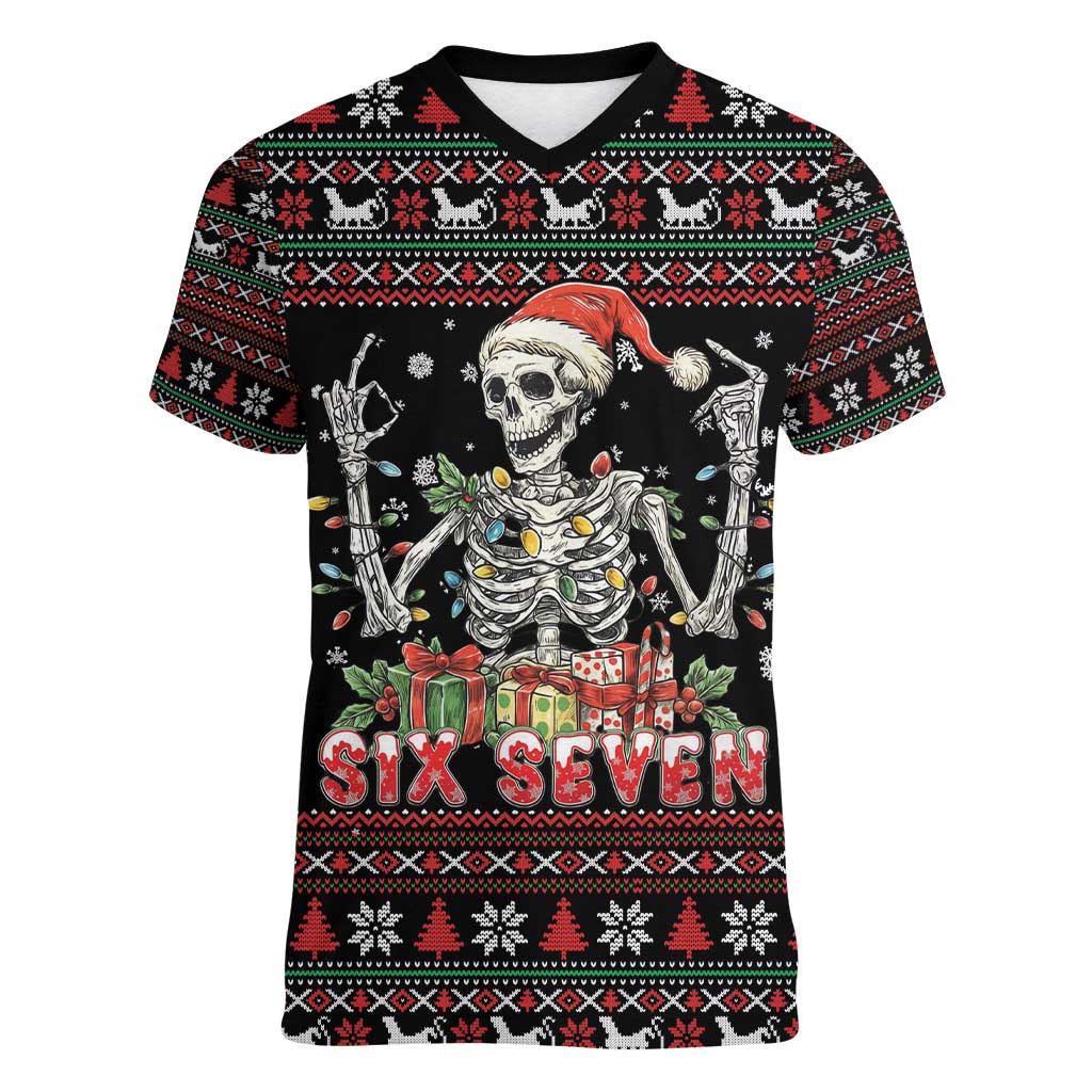 Six Seven Santa Skeleton Women V-Neck T-Shirt Funny Christmas Skull - Wonder Print Shop