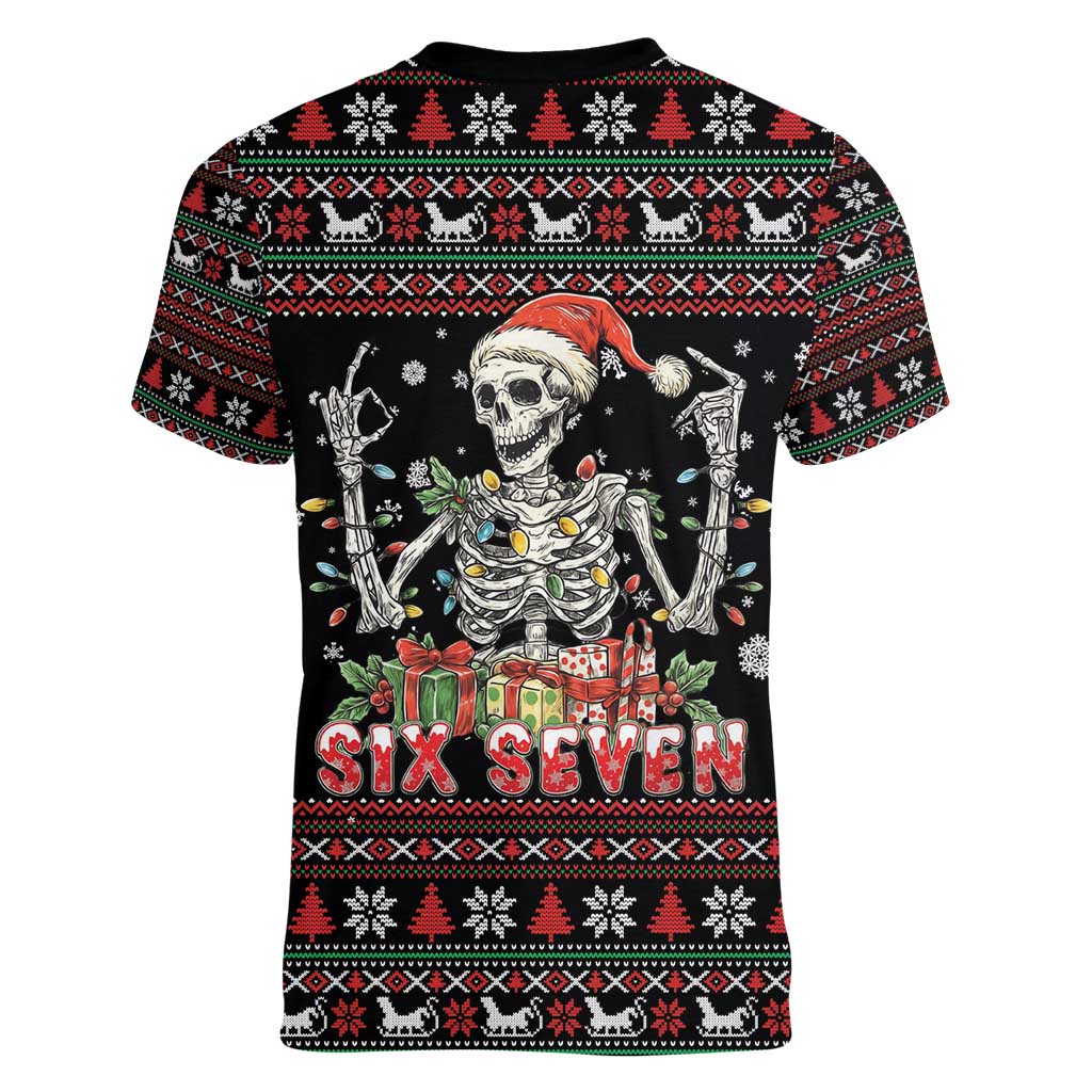 Six Seven Santa Skeleton Women V-Neck T-Shirt Funny Christmas Skull - Wonder Print Shop