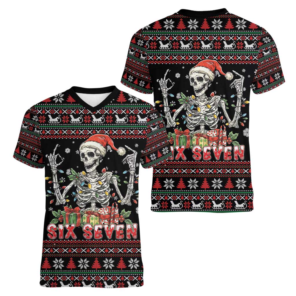 Six Seven Santa Skeleton Women V-Neck T-Shirt Funny Christmas Skull - Wonder Print Shop