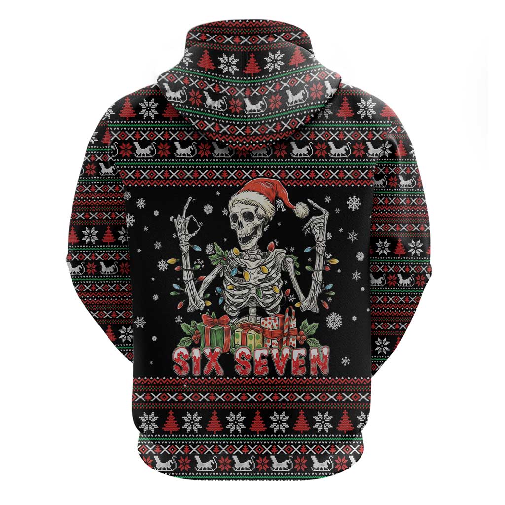 Six Seven Santa Skeleton Zip Hoodie Funny Christmas Skull - Wonder Print Shop
