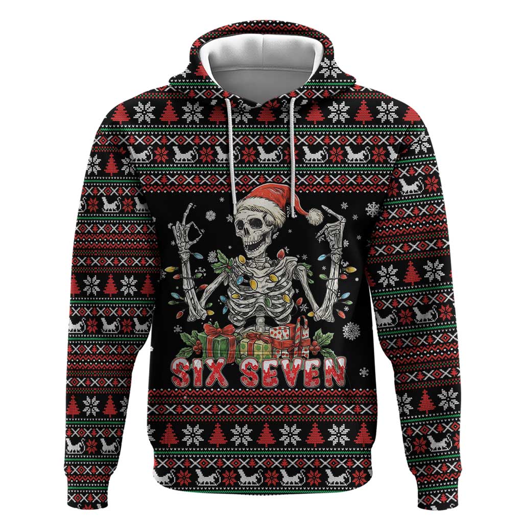 Six Seven Santa Skeleton Zip Hoodie Funny Christmas Skull - Wonder Print Shop
