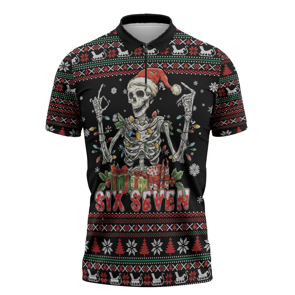Six Seven Santa Skeleton Zipper Polo Shirt Funny Christmas Skull - Wonder Print Shop