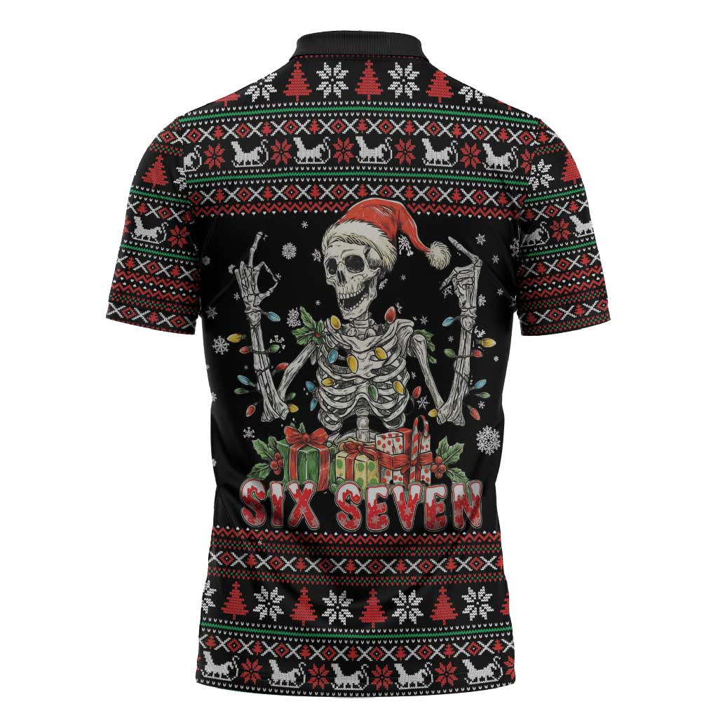 Six Seven Santa Skeleton Zipper Polo Shirt Funny Christmas Skull - Wonder Print Shop