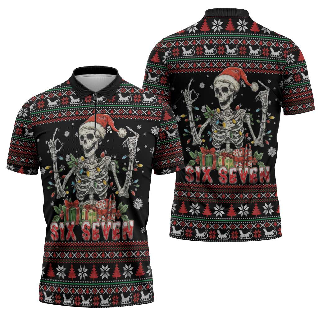 Six Seven Santa Skeleton Zipper Polo Shirt Funny Christmas Skull - Wonder Print Shop