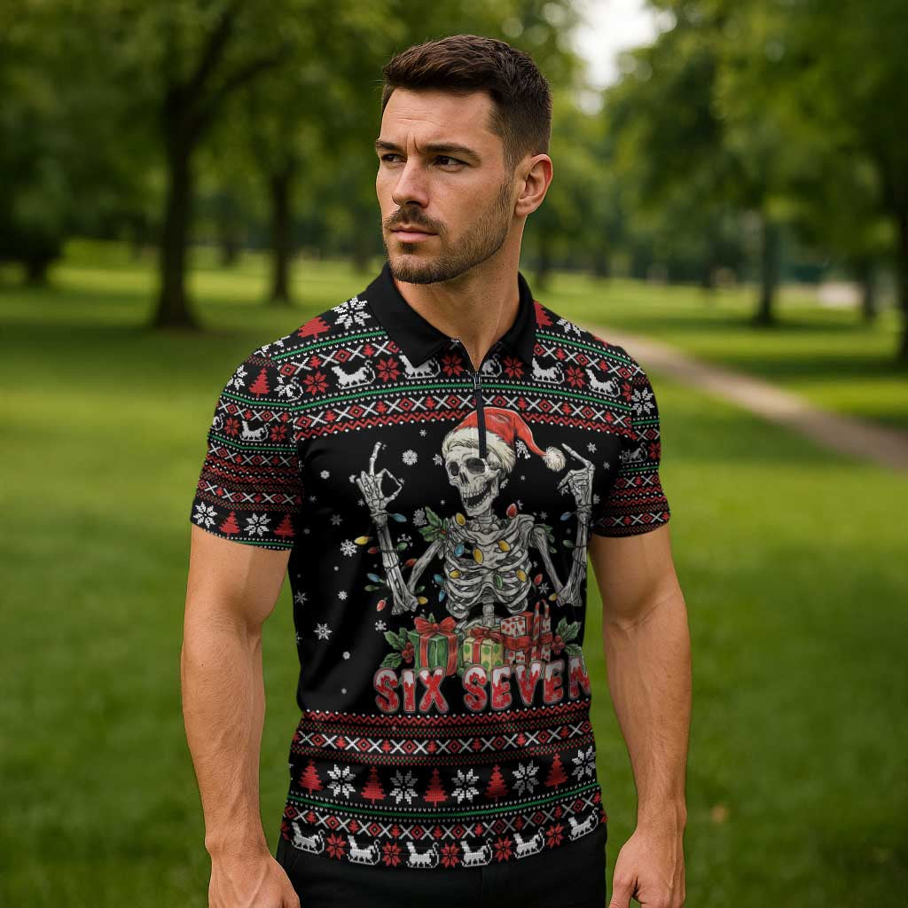 Six Seven Santa Skeleton Zipper Polo Shirt Funny Christmas Skull - Wonder Print Shop