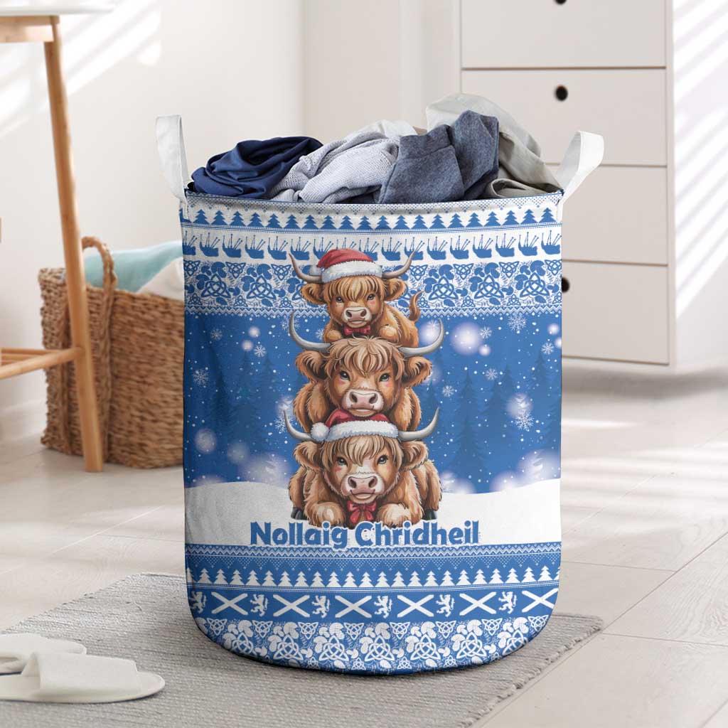 Scotland Highland Cow Christmas Laundry Basket Nollaig Chridheil Blue Winter - Wonder Print Shop