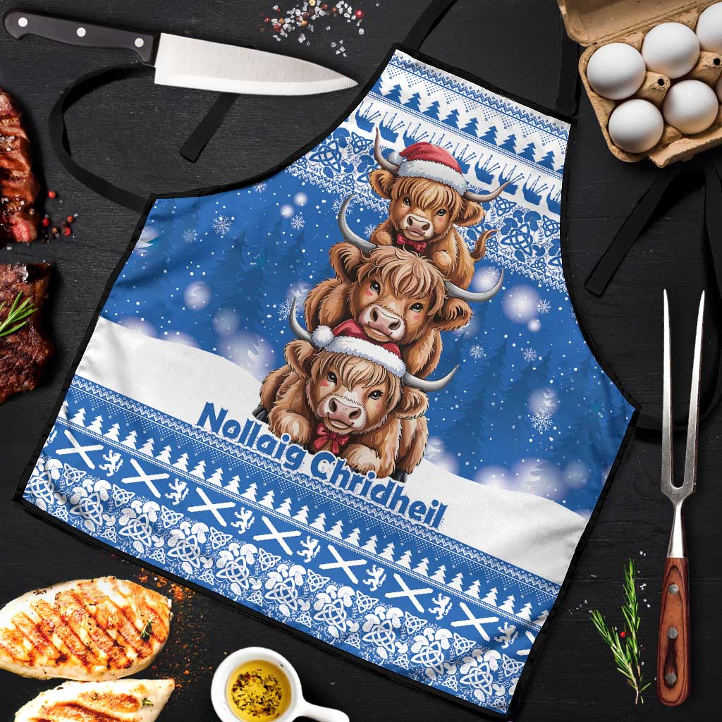 Scotland Highland Cow Christmas Apron Nollaig Chridheil Blue Winter - Wonder Print Shop