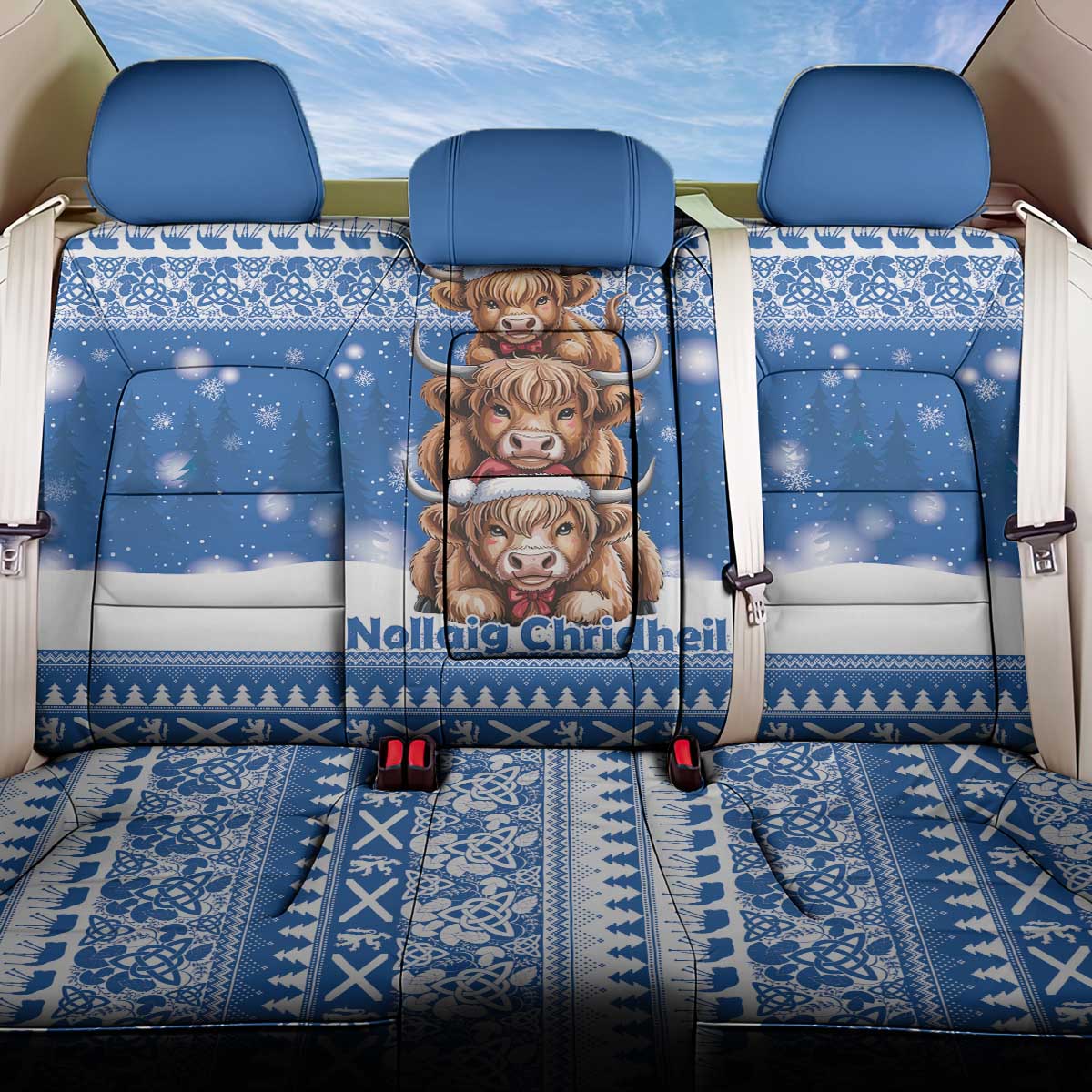 Scotland Highland Cow Christmas Back Car Seat Cover Nollaig Chridheil Blue Winter - Wonder Print Shop