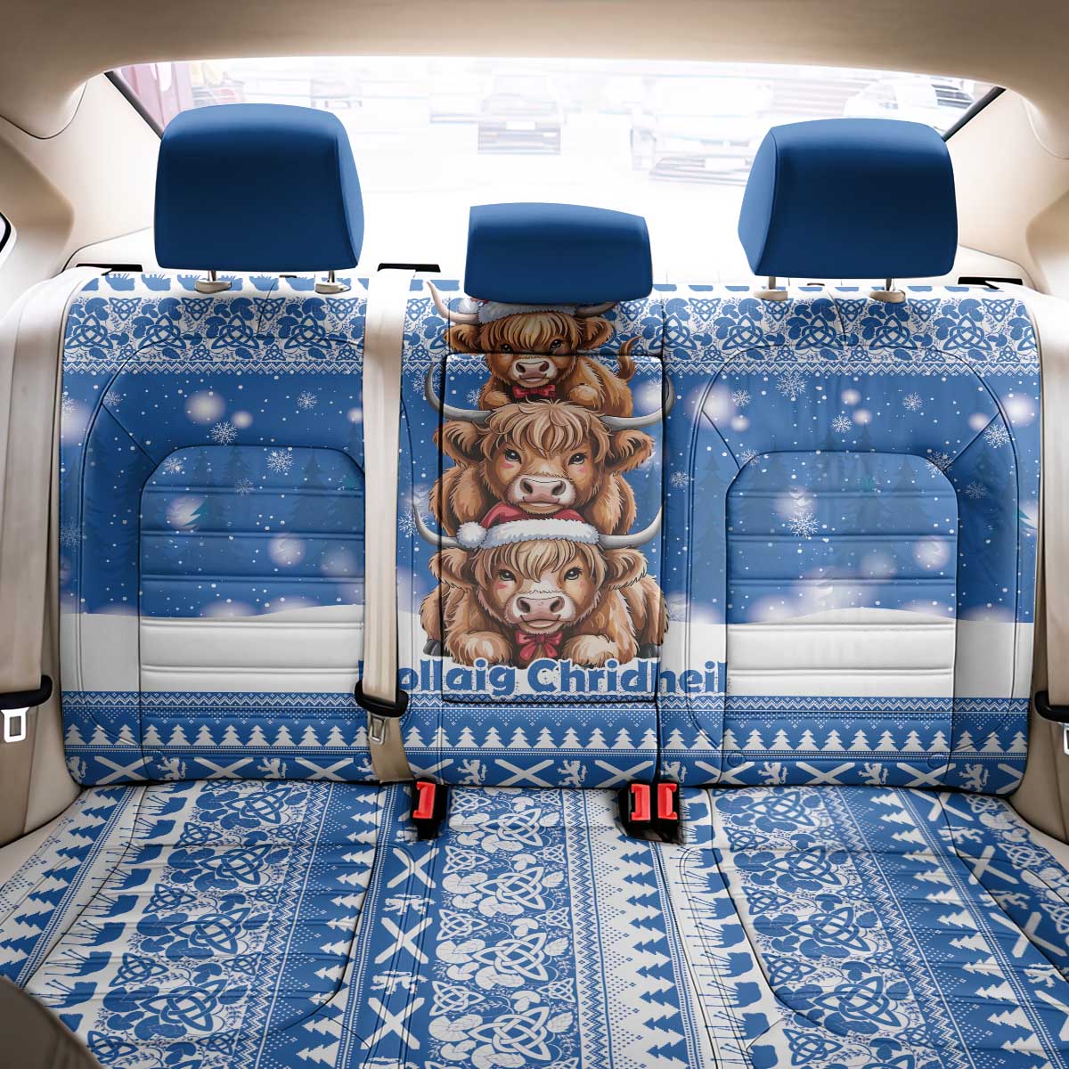 Scotland Highland Cow Christmas Back Car Seat Cover Nollaig Chridheil Blue Winter - Wonder Print Shop