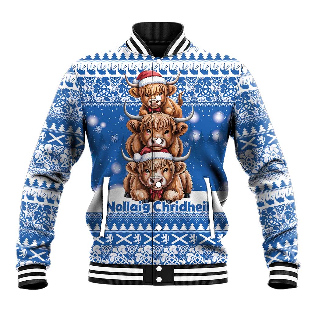 Scotland Highland Cow Christmas Baseball Jacket Nollaig Chridheil Blue Winter - Wonder Print Shop