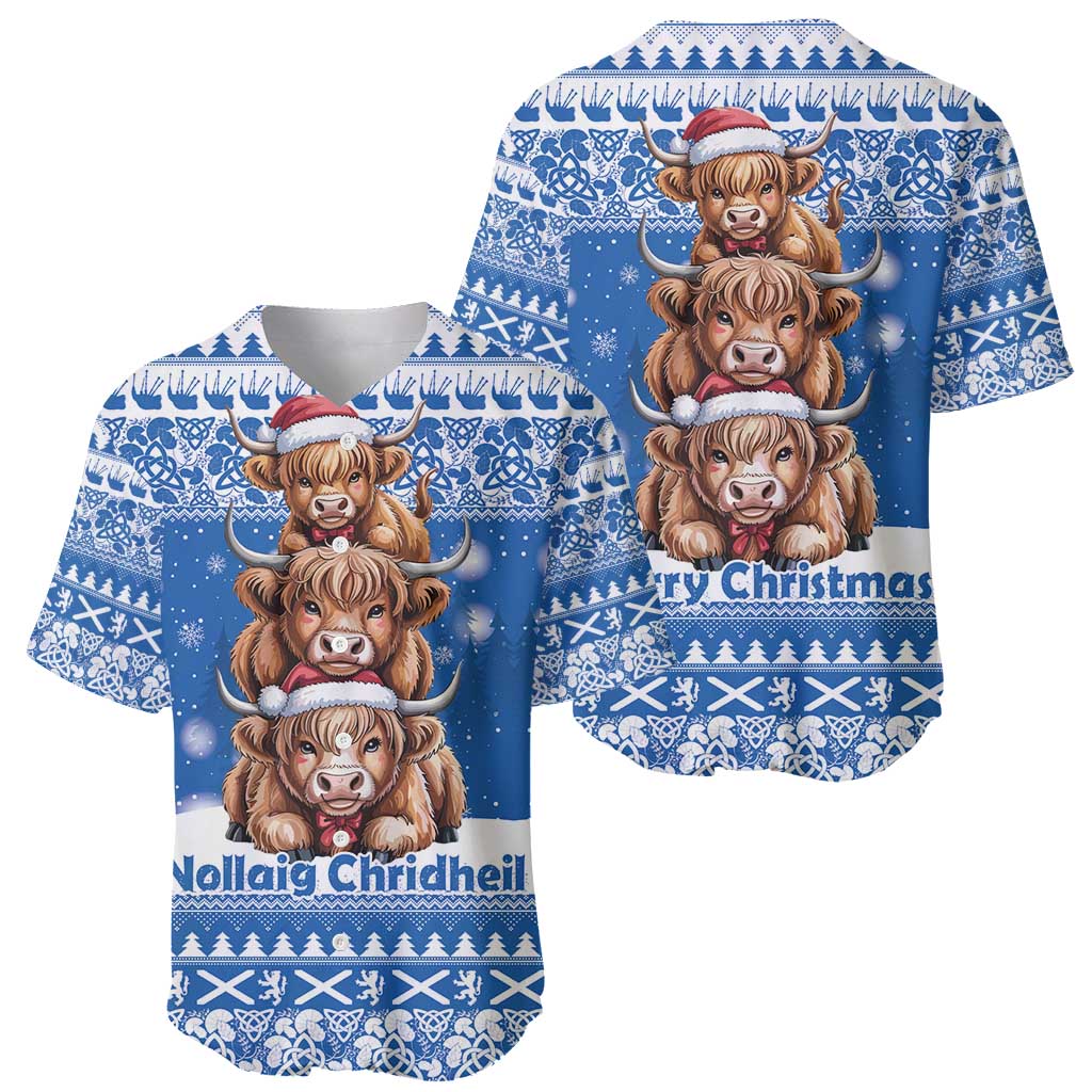 Scotland Highland Cow Christmas Baseball Jersey Nollaig Chridheil Blue Winter - Wonder Print Shop