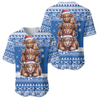 Scotland Highland Cow Christmas Baseball Jersey Nollaig Chridheil Blue Winter - Wonder Print Shop